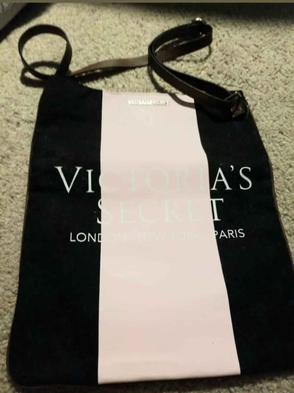 Victoria's Secret Black with Light Pink Center Stripe Crossbody Bag